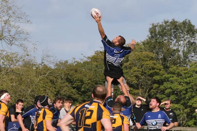 Lineout success for Dalziel Rugby Club against Strathaven (Pic by Elaine Neilson)