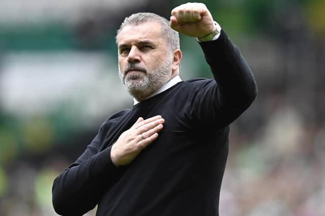 Celtic manager Ange Postecoglou acknowledges the fans at the end of the 4-1 thumping of Hearts - another flair-filled home victory of the type that has underpinned his team's march to the championship. (Photo by Rob Casey / SNS Group)