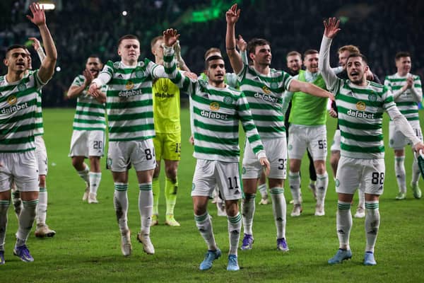 Celtic players celebrate at full-time with supporters following the 3-0 derby dumping of their rivals in which they bested Rangers in every department. (Photo by Alan Harvey / SNS Group)