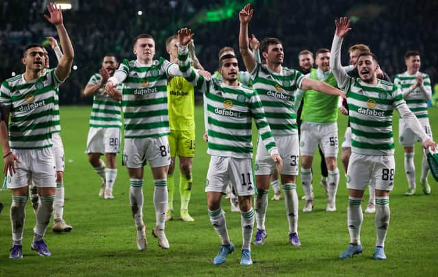 Celtic players celebrate at full-time with supporters following the 3-0 derby dumping of their rivals in which they bested Rangers in every department. (Photo by Alan Harvey / SNS Group)