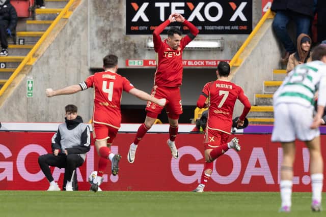 Aberdeen's Bojan Miovski celebrates after opening the scoring against Celtic.