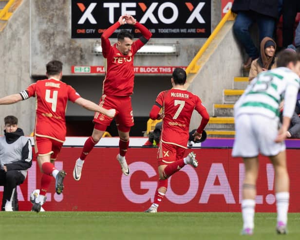 Aberdeen's Bojan Miovski celebrates after opening the scoring against Celtic.