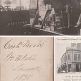 Molly Hislop in Hilston's store in the 1940s. Inset: The Hilston's cash book and an old advert from 1899 for the store in the Tolbooth.