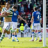 Giorgos Giakoumakis celebrates Celtic's winner at St Johnstone. (Photo by Ross MacDonald / SNS Group)