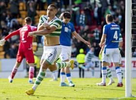 Giorgos Giakoumakis celebrates Celtic's winner at St Johnstone. (Photo by Ross MacDonald / SNS Group)