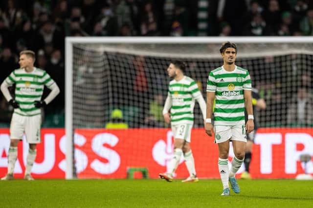 Celtic's Jota is left dejected during a UEFA Conference League Last 32 first leg match. (Photo by Craig Williamson / SNS Group)