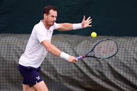 Andy Murray practising on day one of the 2024 Wimbledon Championships