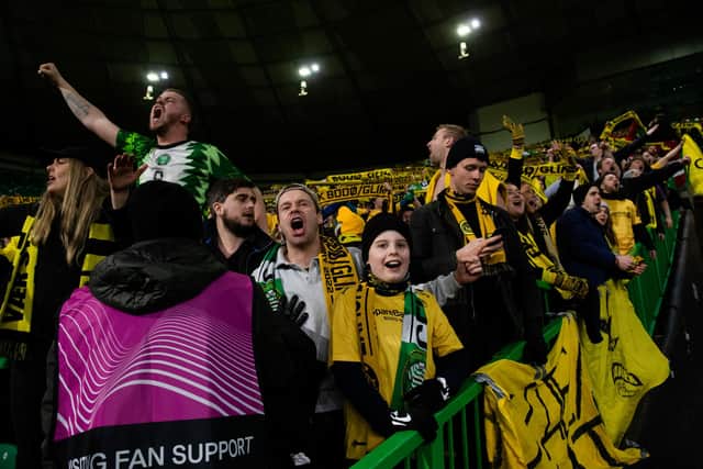 Bodo/Glimt supporters celebrate at full time after the Europa Conference League first leg win at Celtic Park.  (Photo by Craig Foy / SNS Group)