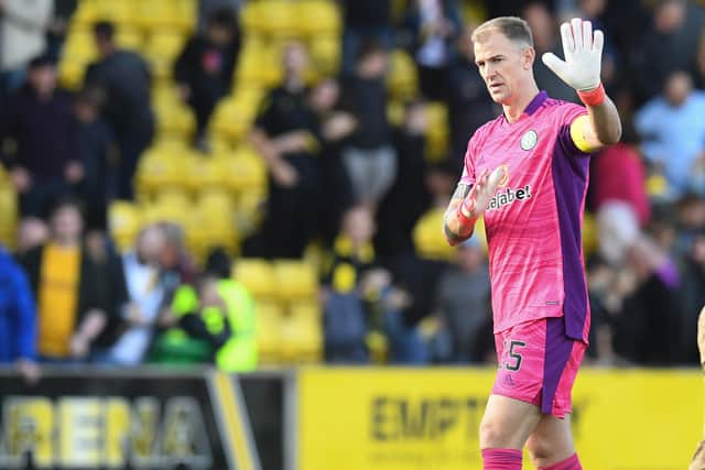 LIVINGSTON, SCOTLAND - SEPTEMBER 19: Celtic's Joe Hart at full time during a cinch Premiership match between Livingston and Celtic at the Tony Macaroni Arena on September 19, 2021, in Livingston, Scotland. (Photo by Ross MacDonald / SNS Group)