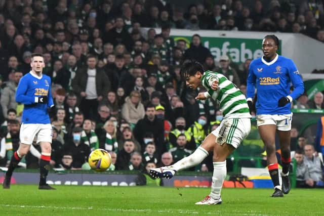 Reo Hatate scores the opening two goals for Celtic in the home side's 3-0 win over Rangers. (Picture: John Devlin)