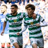 Celtic's Kyogo Furuhashi celebrates with Liel Abada as he scores to make it 1-0 win over Rangers at Ibrox. (Photo by Alan Harvey / SNS Group)