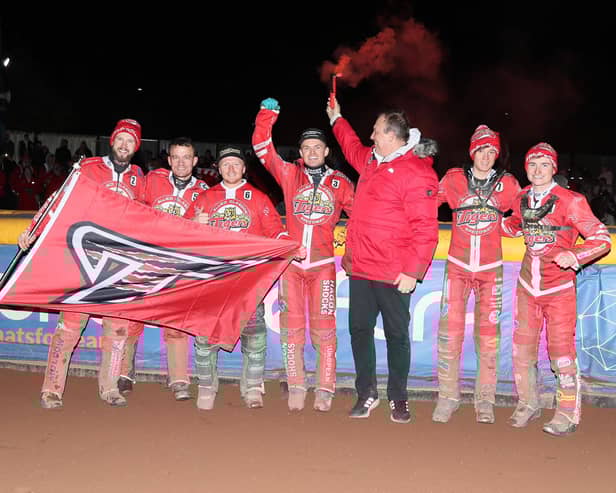 Glasgow Tigers celebrate their play-off semi-final win over Edinburgh (pic: Ian Adam)