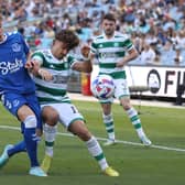 Celtic winger Jota tussles with Everton and Scotland full-back Nathan Patterson in the Sydney Super Cup fixture at the Accor Stadium. (Photo by Scott Gardiner/Getty Images)