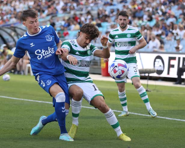 Celtic winger Jota tussles with Everton and Scotland full-back Nathan Patterson in the Sydney Super Cup fixture at the Accor Stadium. (Photo by Scott Gardiner/Getty Images)