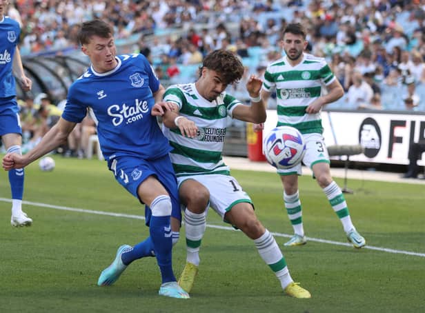 Celtic winger Jota tussles with Everton and Scotland full-back Nathan Patterson in the Sydney Super Cup fixture at the Accor Stadium. (Photo by Scott Gardiner/Getty Images)