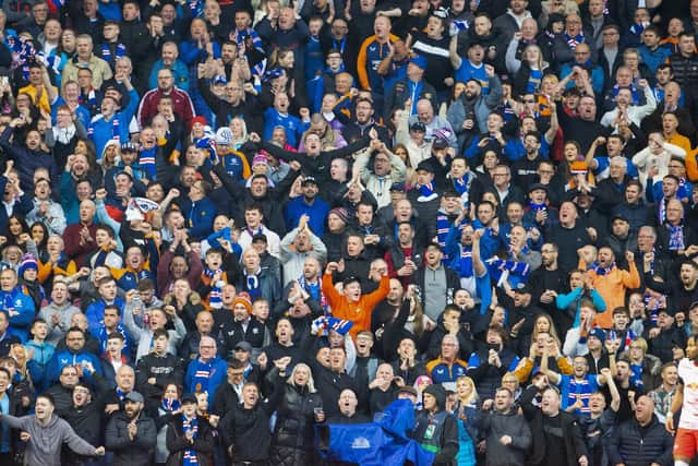 Rangers fans during a UEFA Europa League Semi-Final match between Rangers and Red Bull Leipzig at Ibrox Stadium, on May 05, 2022, in Glasgow, Scotland. (Photo by Alan Harvey / SNS Group)