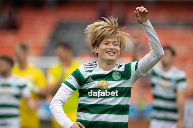 Celtic hat-trick hero Kyogo Furuhashi celebrates at full-time after the 9-0 win over Dundee United. (Photo by Craig Williamson / SNS Group)