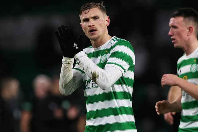 Celtic's Carl Starfelt salutes the home support at the conclusion of the 1-0 home win over Hearts that claimed the Swede a career first. (Photo by Craig Williamson / SNS Group)