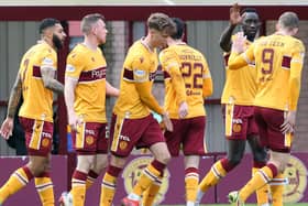 Motherwell players celebrate after Mark O'Hara's second half equaliser against Aberdeen (Pics by Ian McFadyen)