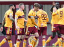 Motherwell players celebrate after Mark O'Hara's second half equaliser against Aberdeen (Pics by Ian McFadyen)