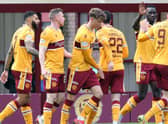 Motherwell players celebrate after Mark O'Hara's second half equaliser against Aberdeen (Pics by Ian McFadyen)