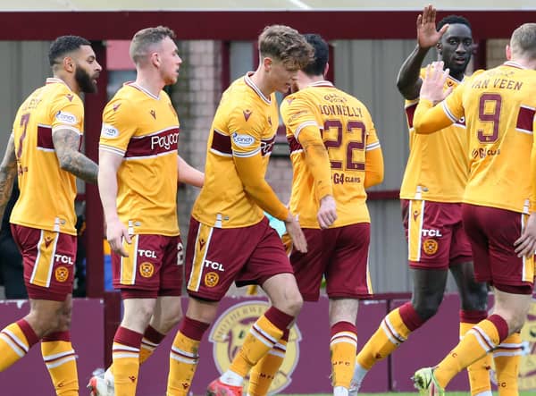 Motherwell players celebrate after Mark O'Hara's second half equaliser against Aberdeen (Pics by Ian McFadyen)