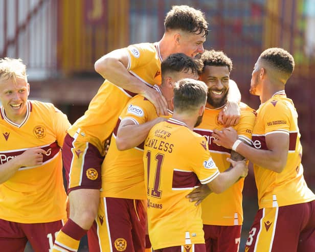Kaiyne Woolery celebrating scoring Motherwell's third goal against Queen of the South (Picture by Ian McFadyen)