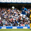 Danilo heads home to make it 2-0 to Rangers during their win over Livingston at Ibrox on Saturday.