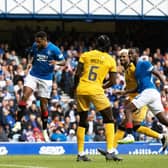 Danilo heads home to make it 2-0 to Rangers during their win over Livingston at Ibrox on Saturday.
