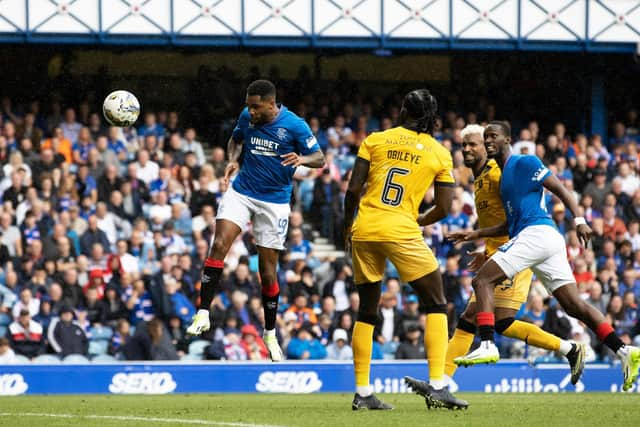 Danilo heads home to make it 2-0 to Rangers during their win over Livingston at Ibrox on Saturday.