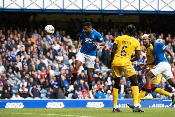 Danilo heads home to make it 2-0 to Rangers during their win over Livingston at Ibrox on Saturday.