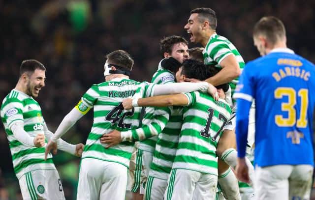 Celtic's players celebrate their second goal in the 3-0 win over Rangers at Celtic Park on February 2. The final Old Firm game of the season will be at Celtic Park after the split.(Photo by Alan Harvey / SNS Group)