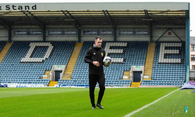Referee Don Robertson during a pitch inspection ahead of a cinch Premiership match between Dundee and Rangers at the Scot Foam Stadium at Dens Park. (Photo by Ewan Bootman / SNS Group)