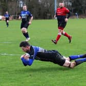 Graham Calder scoring try against Clydebank (Pic by Elaine Neilson)