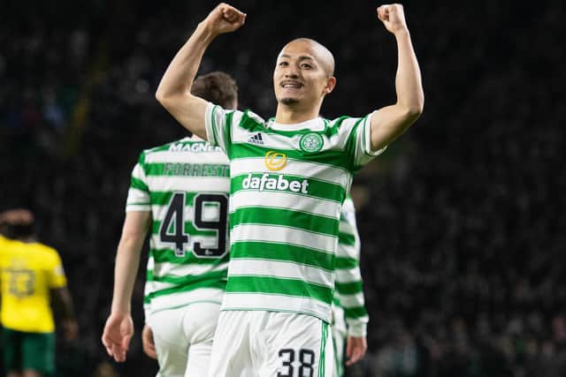 Celtic’s Daizen Maeda celebrates a first goal for the club he had "decided" he would score even before he stepped on to the pitch for his debut. (Photo by Ross MacDonald / SNS Group)