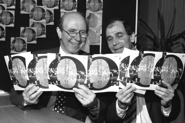 Glasgow was voted European City of Culture 1990 - picture shows Counciilor Pat Lally (left)  and Events Manager Bob Palmer with Orchestras United leaflets.