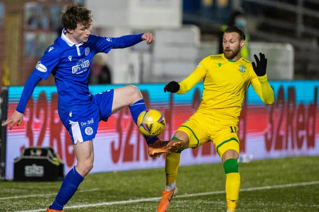 Left-back James Maxwell (left) battles with Hibernian’s Martin Boyle during a Scottish Cup tie  (Photo by Craig Williamson / SNS Group)