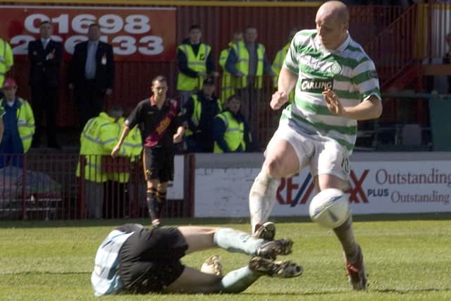 Motherwell keeper Gordon Marshall saves at the feet of Celtic's John Hartson in one of the moments that resulted in Martin O'Neill's men blowing the title on the May 22, 2005 final day of title campaign of 17 years ago - from a leading position weeks earleir similiar to the one that Ange Postecoglou's men are in. Hartson is convinced the parallels will end there despite the chat in the wake of Rangers' derby Scottish Cup semi-final win the other day. (Pic by Jeff Holmes/SNS Group).