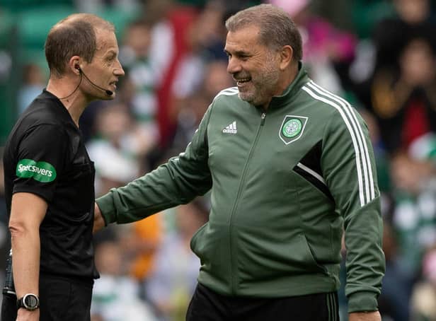 <p>Celtic manager Ange Postecoglou with referee WIllie Collum after the 2-0 friendly win over Norwich City at Celtic Park. (Photo by Craig Williamson / SNS Group)</p>