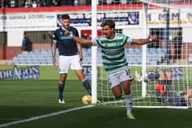 Jota celebrates making it 3-1 during the cinch Premiership match between Dundee and Celtic