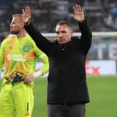 Celtic manager Brendan Rodgers salutes the travelling fans after the goalless draw with Atalanta in Bergamo. (Photo by Marco Luzzani/Getty Images)