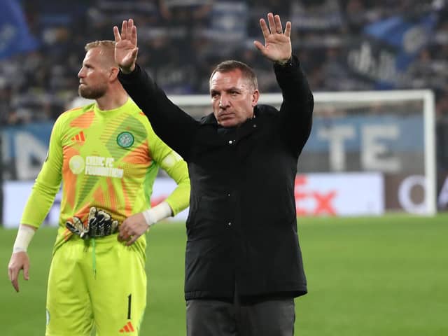 Celtic manager Brendan Rodgers salutes the travelling fans after the goalless draw with Atalanta in Bergamo. (Photo by Marco Luzzani/Getty Images)