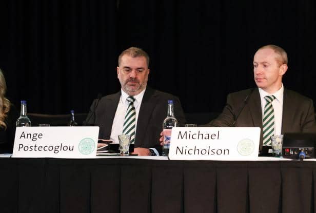 <p>Celtic manager Ange Postecoglou attended his first club AGM as he sat alongside acting chief executive Michael Nicholson. (Photo by Craig Williamson / SNS Group)</p>
