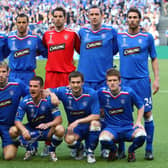 The Rangers team which started the 2008 UEFA Cup final in Manchester. Back row (L to R) - Sasa Papac, Steven Whittaker, Brahim Hemdani, Neil Alexander, David Weir, Carlos Cuellar. Front row (L to R) - Jean-Claude Darcheville, Kirk Broadfoot, Barry Ferguson, Kevin Thomson, Steven Davis. (Photo by Laurence Griffiths/Getty Images)