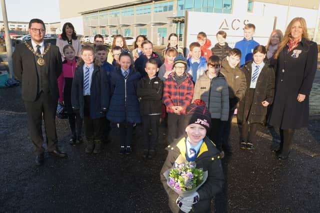 Pupils from Chapelgreen Primary School were joined by Provost Kenneth Duffy and the Lord Lieutenant of Lanarkshire, Lady Haughey, for the visit of The Princess Royal. Pic: Contributed