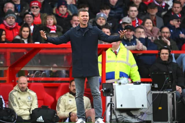 NOTTINGHAM, ENGLAND - FEBRUARY 05: Jesse Marsch, Manager of Leeds United, reacts during the Premier League match between Nottingham Forest and Leeds United at City Ground on February 05, 2023 in Nottingham, England. (Photo by Clive Mason/Getty Images)