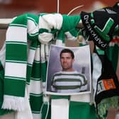 Tributes at the main entrance at Celtic Park for legendary former player Bertie Auld who passed away aged 83. (Photo by Craig Williamson / SNS Group)