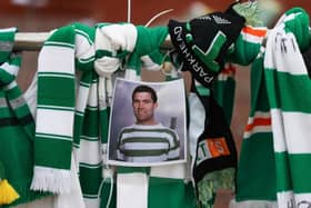 Tributes at the main entrance at Celtic Park for legendary former player Bertie Auld who passed away aged 83. (Photo by Craig Williamson / SNS Group)