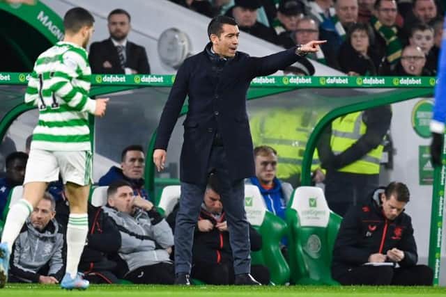 Rangers manager Giovanni van Bronckhorst tries to make a point to his players during the Old Firm clash at Celtic Park. (Photo by Rob Casey / SNS Group)