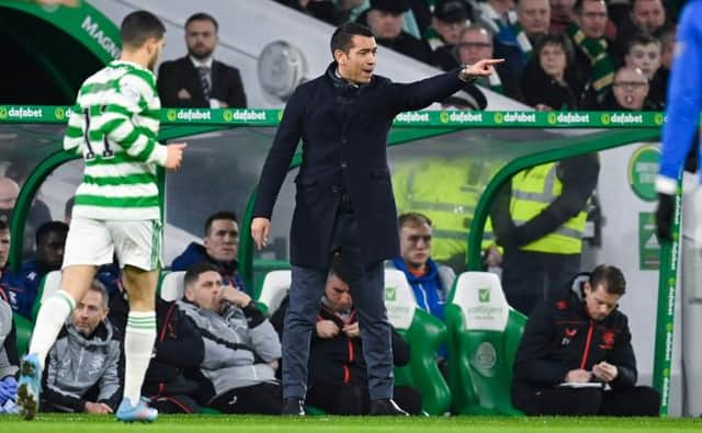 Rangers manager Giovanni van Bronckhorst tries to make a point to his players during the Old Firm clash at Celtic Park. (Photo by Rob Casey / SNS Group)